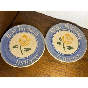 Vintage New Harmony Indiana Blue & Tan Stoneware Rose Plates (Set of 2)